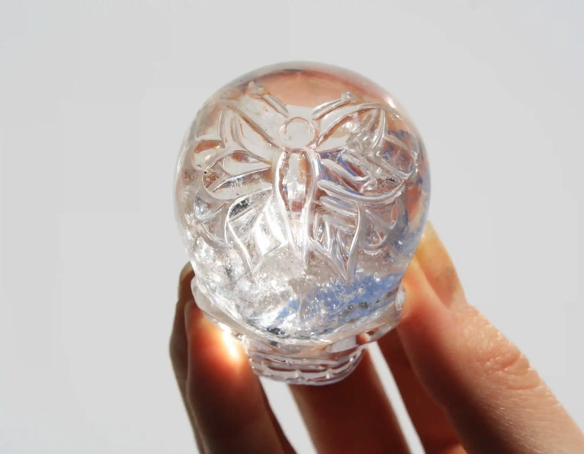 Himalayan Quartz Crystal Butterfly Engraved Skull by Vikas Meena