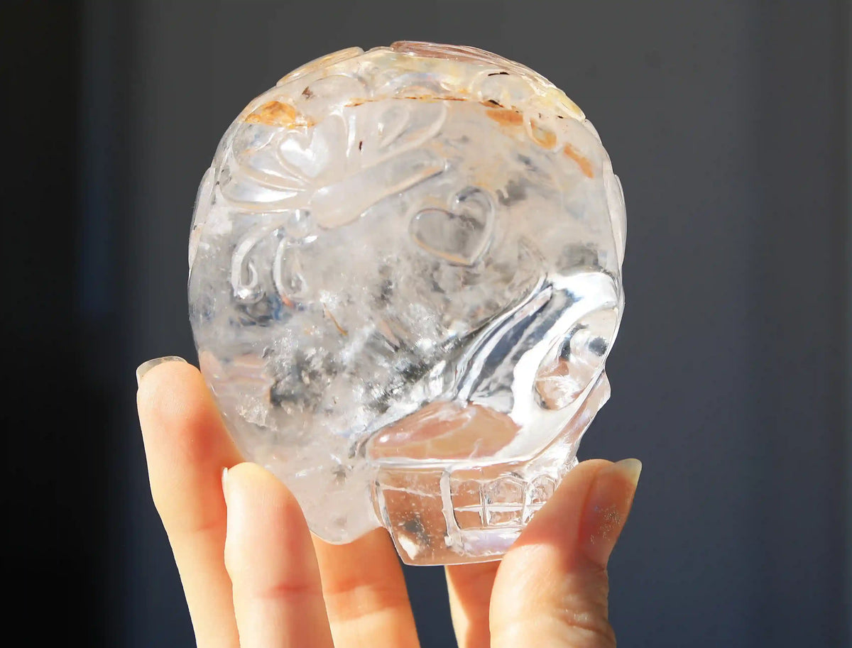 Himalayan Quartz Crystal Butterfly Engraved Skull by Vikas Meena