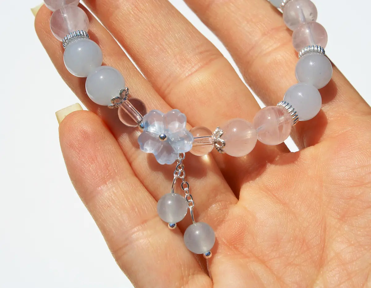 Flower Designed Bracelets Clear Quartz and Blue Chalcedony