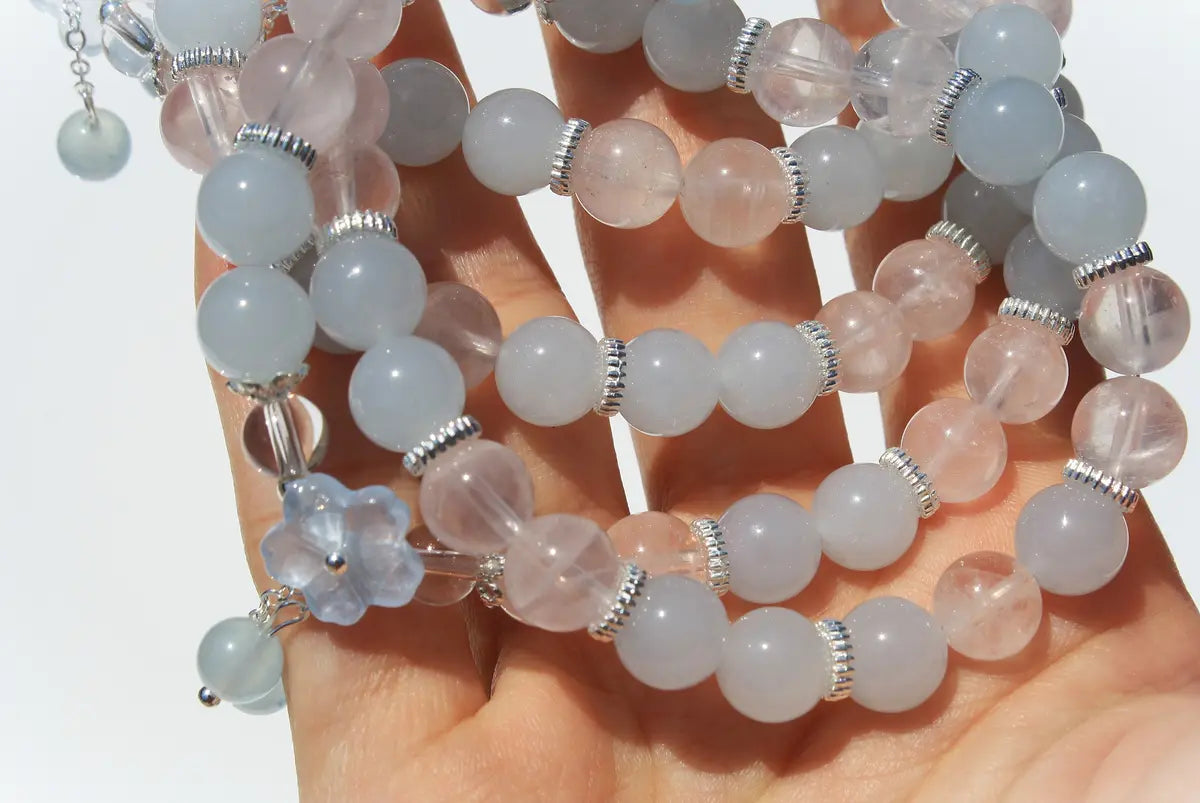 Flower Designed Bracelets Clear Quartz and Blue Chalcedony