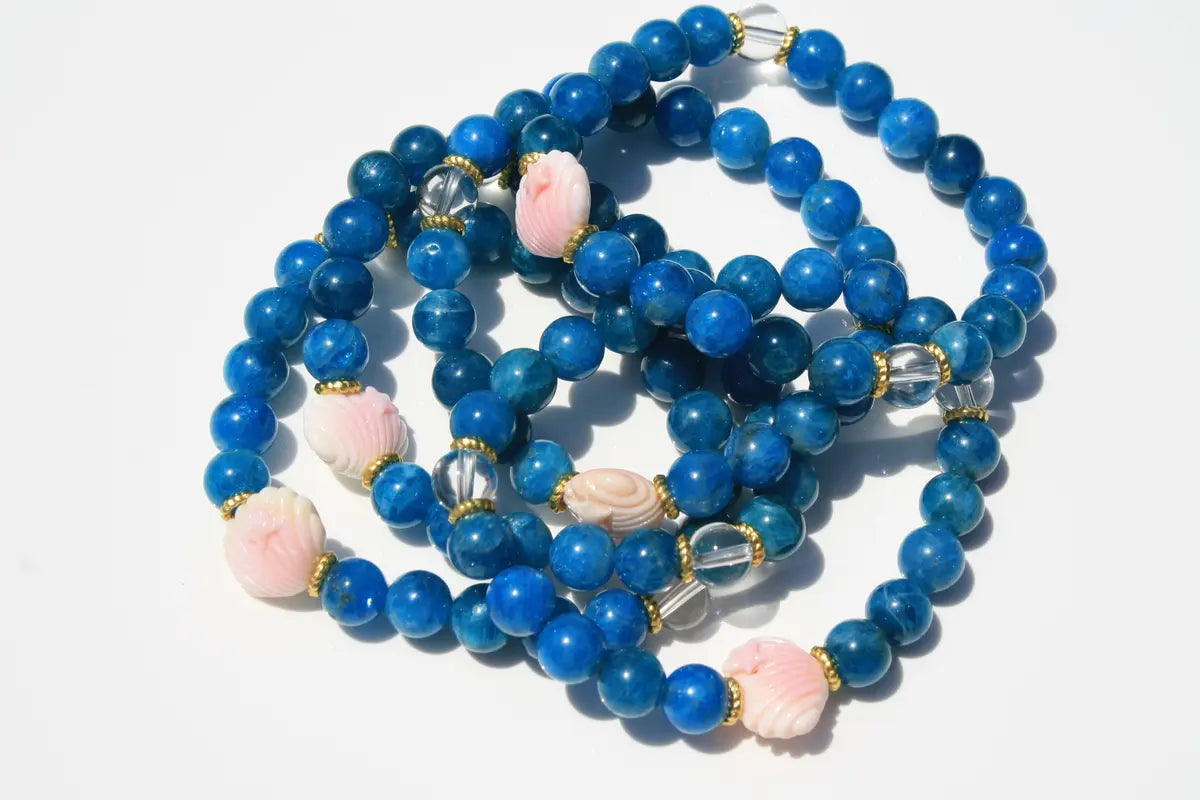 Seashell Bracelets Custom Designed Blue Apatite, Pink Agate and Clear Quartz