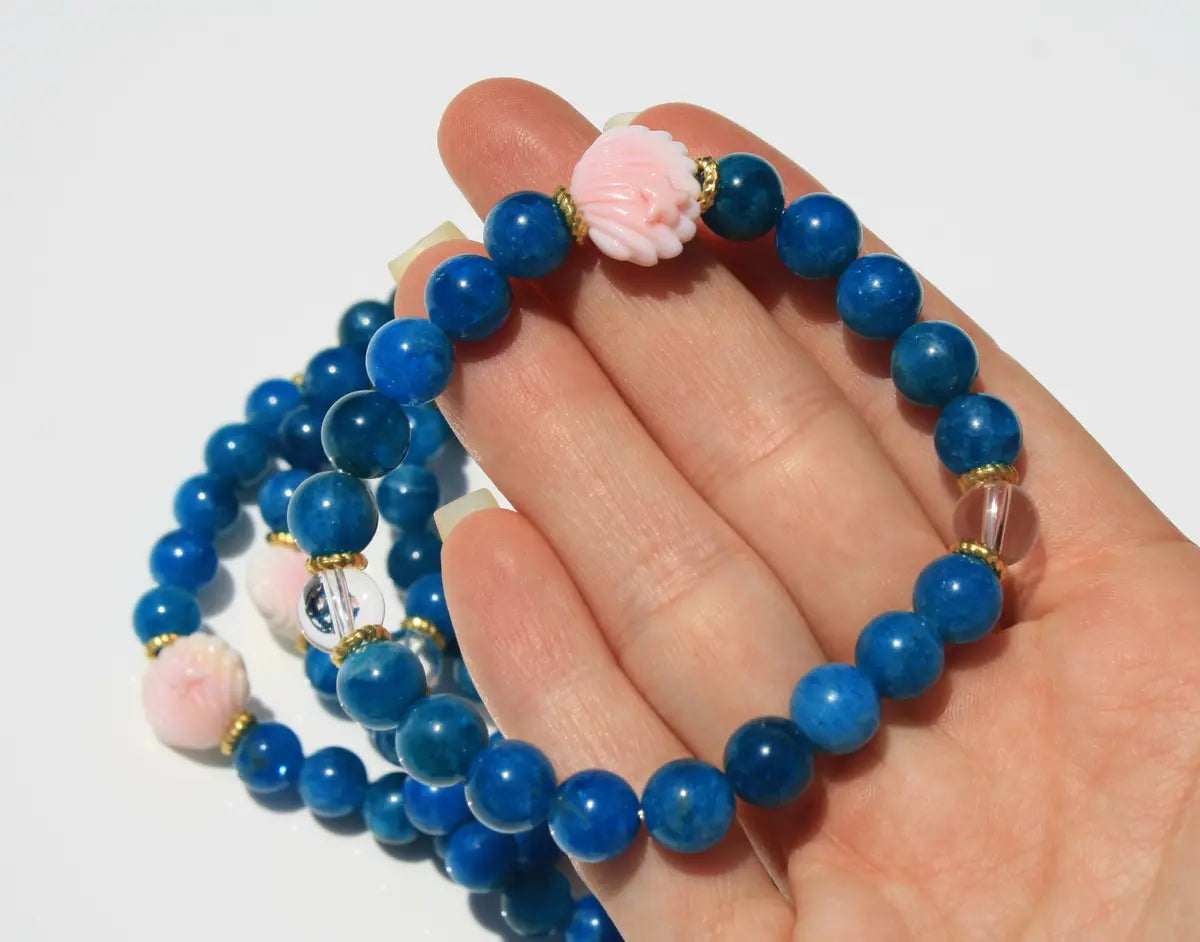 Seashell Bracelets Custom Designed Blue Apatite, Pink Agate and Clear Quartz