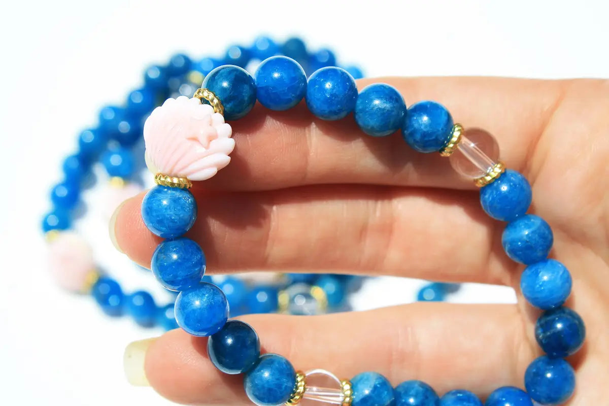Seashell Bracelets Custom Designed Blue Apatite, Pink Agate and Clear Quartz