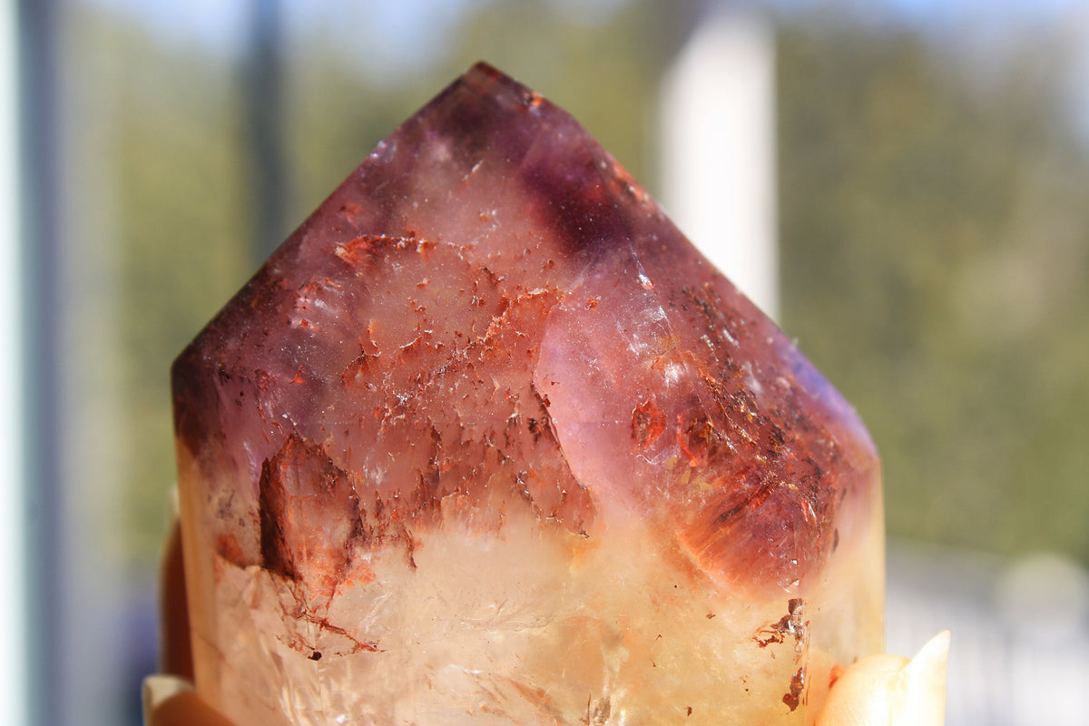 Red Dreamcoat Lemurian seed quartz tower with Super 7 inclusions and a Lemurian quartz core.